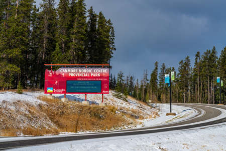 Canmore, AB, Canada-OCT 24 2020: Canmore Nordic Centre Provincial Park in winter sunny day morning.のeditorial素材