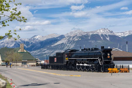 Jasper, Alberta, Canada-May 29 2021: Decoration steam locomotive outside the Jasper train station.