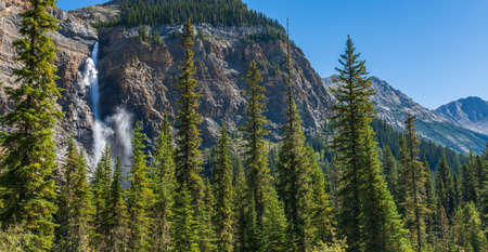 Takakkaw Falls Waterfall in a sunny summer day. 2nd tallest waterfall in Canada. Natural scenery landscape in Yoho National Park, Canadian Rockies, British Columbia.の写真素材