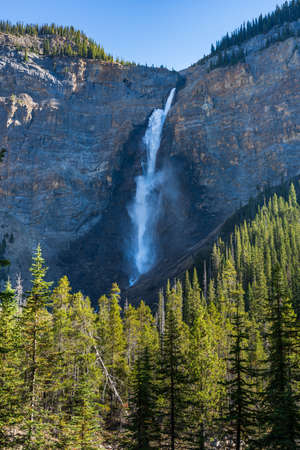 Takakkaw Falls Waterfall in a sunny summer day. 2nd tallest waterfall in Canada. Natural scenery landscape in Yoho National Park, Canadian Rockies, British Columbia.の写真素材