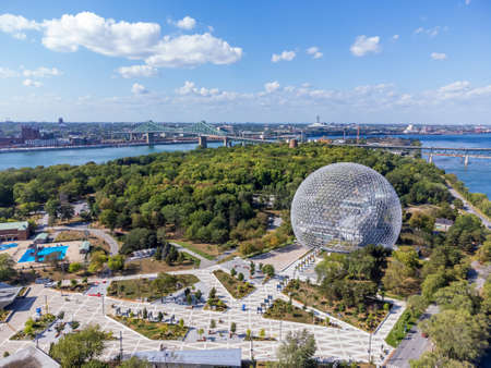 Aerial view of Montreal Biosphere in summer sunny day. Jean-Drapeau park, Saint Helens Island. A museum dedicated to the environment.のeditorial素材