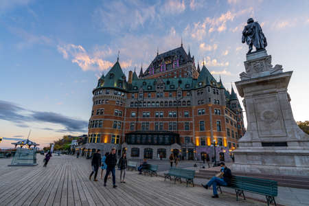 Quebec, Canada-October 20 2021: Fairmont Le Chateau Frontenac sunset time view. Quebec City Old Town...