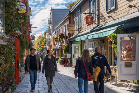 Quebec, Canada-October 20 2021: People walking on the Quartier du Petit Champlain street during...