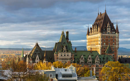 Quebec, Canada-October 20 2021: Fairmont Le Chateau Frontenac sunset time view. Quebec City Old Town in autumn dusk.のeditorial素材