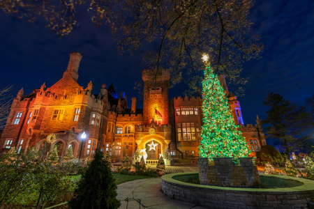 Casa Loma winter night illumination. historic castle in Toronto city. Ontario, Canada.のeditorial素材