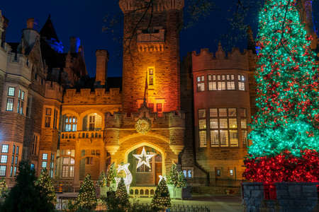 Casa Loma winter night illumination. historic castle in Toronto city. Ontario, Canada.のeditorial素材