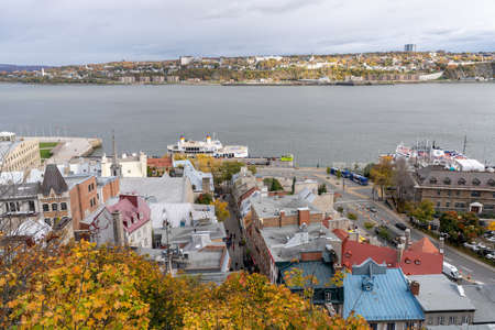 Quebec, Canada-October 19 2021: Quebec City old town street view and Saint Lawrence River in autumn.のeditorial素材
