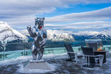 Banff, AB, Canada-OCT 31 2020: Banff Gondola station Sky Bistro observation deck. Sulphur Mountain summit, Banff National Park, Canadian Rockies.のeditorial素材