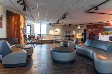 Banff, AB, Canada-OCT 31 2020: Interior of Banff Gondola station Sky Bistro observatory. Sulphur Mountain summit, Banff National Park, Canadian Rockies.のeditorial素材