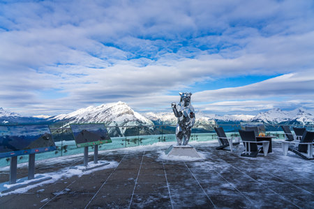Banff, AB, Canada-OCT 31 2020: Banff Gondola station Sky Bistro observation deck. Sulphur Mountain summit, Banff National Park, Canadian Rockies.のeditorial素材