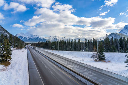 Trans-Canada Highway Town of Banff exit. Banff National Park, Canadian Rockies, AB, Canada.の写真素材