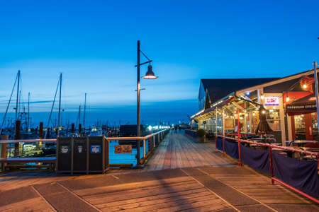 Richmond, BC, Canada-MAR 03 2021: Steveston Fish Market at night.のeditorial素材