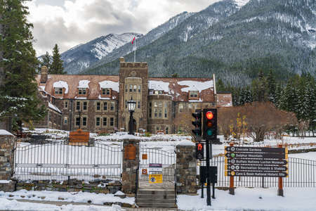 Cascade of Time Garden in snowy winter day. At the end of downtown Banff Avenue. Banff, Canadaのeditorial素材