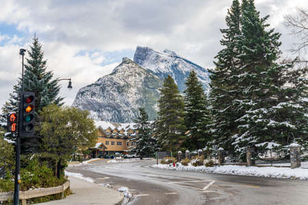 Town of Banff street view in snowy day. Banff National Park, Canadian Rockies. Banff, Canadaのeditorial素材