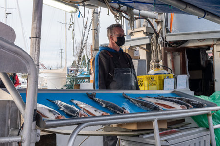 Richmond, BC, Canada - MAR 13 2021 : Steveston Harbour Fisherman's Wharf. Fishermen sell fish on the boat. People wearing face mask during covid-19 pandemic period.のeditorial素材