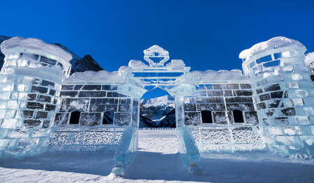 Lake Louise winter festival ice carving and ice skating rink. Banff National Park, Canadian Rockies. Alberta, Canada.の写真素材