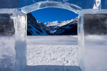 Lake Louise winter festival ice carving and ice skating rink. Banff National Park, Canadian Rockies....