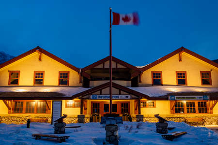 Banff, Alberta, Canada - February 3 2020 : Banff Railway Station in winter night. Banff National Park, Canadian Rockies.のeditorial素材