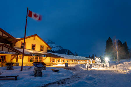 Banff, Alberta, Canada - February 3 2020 : Banff Railway Station in winter night. Banff National Park, Canadian Rockies.のeditorial素材