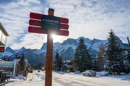 Canmore, Alberta, Canada - January 19 2022 : Town of Canmore street view in winter.のeditorial素材