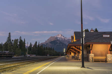 Banff, Alberta, Canada - SEP 08 2020 : Banff Railway Station in summer evening. Banff National Park,...