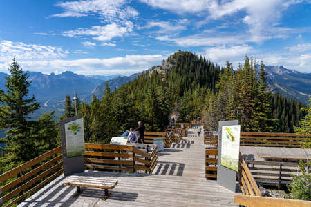 Alberta, Canada - SEP 10 2020 : Sulphur Mountain trail in summer, wooden stairs and boardwalks along the summit. Banff National Park, Canadian Rockies.のeditorial素材