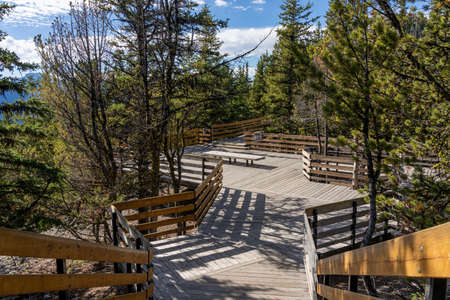 Sulphur Mountain trail in summer, wooden stairs and boardwalks along the summit. Banff National Park, Canadian Rockies, Alberta, Canada.の写真素材