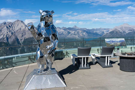 Alberta, Canada - SEP 10 2020 : Banff Gondola station Sky Bistro observation deck in summer time. Sulphur Mountain summit, Banff National Park, Canadian Rockies.のeditorial素材