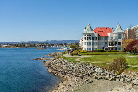 Victoria, BC, Canada - April 14 2021 : Victoria Inner Harbour beautiful scenery. Songhees Point Park.のeditorial素材