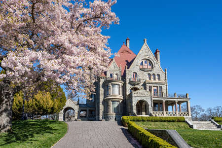 Craigdarroch Castle exterior with full bloom cherry blossom during springtime season. Victoria, BC, Canada.のeditorial素材