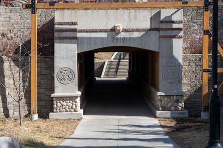 Jasper, Alberta, Canada - May 1 2021 : Pedestrian sidewalk trail 12 tunnel under railway.のeditorial素材