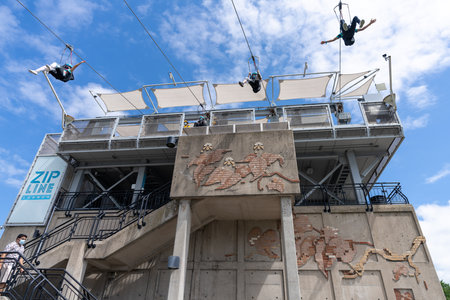 Niagara Falls, Ontario, Canada - July 10 2021 : People using the Niagara Falls Zipline attraction.のeditorial素材
