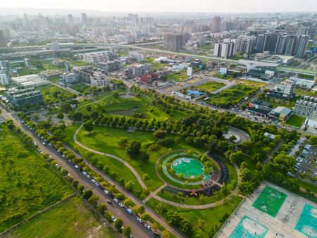 Taichung City, Taiwan - Aug 23, 2022 : Aerial view of Taichung city Beitun District skyline horizon in sunset time. Residential estate concept.のeditorial素材