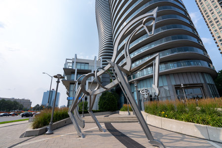 Mississauga, Ontario, Canada - July 18 2021 : Street view of City of Mississauga centre downtown. Landmarks Absolute Condos.のeditorial素材