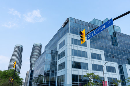 Mississauga, Ontario, Canada - July 18 2021 : Street view of City of Mississauga centre downtown. Landmarks Absolute Condos in the background.のeditorial素材
