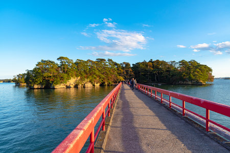 Fukuura Island with Fukuura Bridge in the famous Matsushima Bay. Beautiful islands covered with pine trees and rocks. One of the Three Views of Japan. Miyagi Prefecture, Japanのeditorial素材