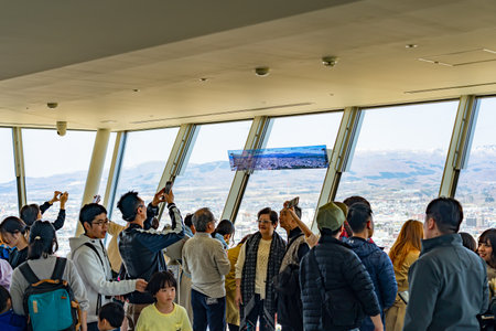 Goryokaku Tower Observation Deck command entire view of the park, the beautiful star shaped fort. People come in springtime to enjoy the cherry blossoms full bloom. Hokkaido, Japanのeditorial素材