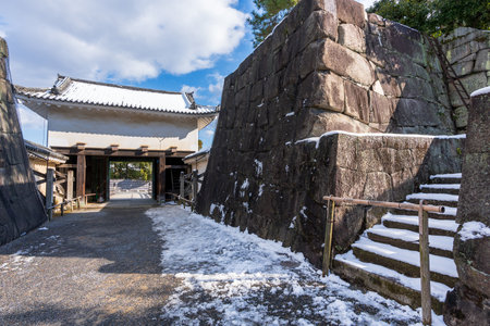Nijo Castle Honmaru Yagura Turret Gate with snow in winter. Kyoto, Japan.のeditorial素材
