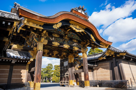 Kyoto, Japan - January 24 2023 : Nijo Castle Kara-mon Gate with snow on the roof in winter.のeditorial素材