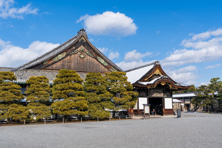 Kyoto, Japan - January 24 2023 : Nijo Castle Ninomaru Palace with snow on the roof in winter.のeditorial素材