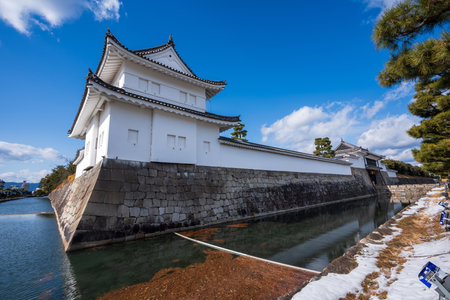Nijo Castle moat Southeast Corner Yagura Turret with snow in winter. Kyoto, Japan.のeditorial素材