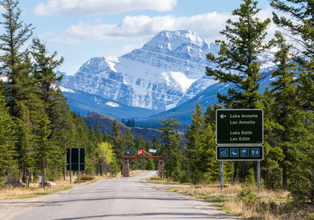 Alberta, Canada - May 9 2021 : Jasper National Park Old Lodge Rd. Rural road to Lake Edith and Lake Annette. Canadian Rockies Mount Edith Cavell Mountain nature scenery.のeditorial素材