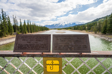 Alberta, Canada - May 9 2021 : HJ Moberly Bridge. Athabasca River under blue sky and white clouds, Jasper National Park.のeditorial素材