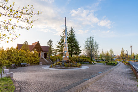 Kariya City, Aichi, Japan - April 8 2023 : Mississauga Park front entrance at dusk.のeditorial素材