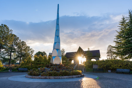 Mississauga Park front entrance structure at dusk. Kariya City, Aichi, Japan. Translation in Japanese "Misissauga Park"のeditorial素材