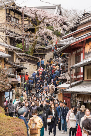 Kyoto, Japan - March 18 2023 : Sannenzaka cherry blossoms. Springtime in the historic Higashiyama district.のeditorial素材