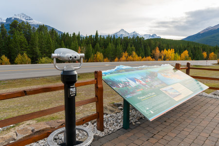 Alberta, Canada - Sep 28 2023 : Indicator of Saskatchewan River Crossing. The junction of Icefields...