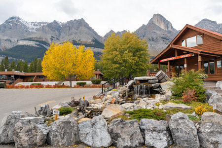 Alberta, Canada - Oct 1 2023 : Crossing resort hotel shop, dining room, grocery store, cafeteria at Saskatchewan River Crossing. located on the Icefields Parkway in Banff National Park.のeditorial素材