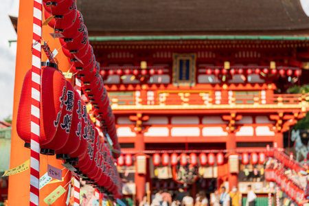 Kyoto, Japan - July 23 2023 : Tower Gate of Fushimi Inari Shrine (Fushimi Inari Taisha) decorated with lanterns during the Motomiya Festival or Motomiyasai Festival.のeditorial素材