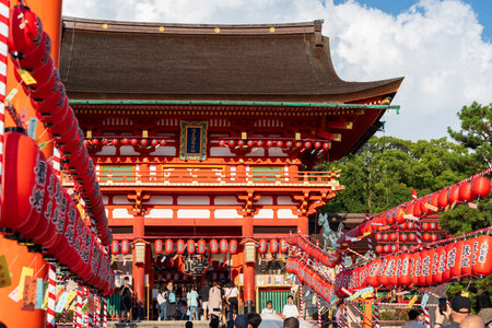 Kyoto, Japan - July 23 2023 : Tower Gate of Fushimi Inari Shrine (Fushimi Inari Taisha) decorated with lanterns during the Motomiya Festival or Motomiyasai Festival.のeditorial素材